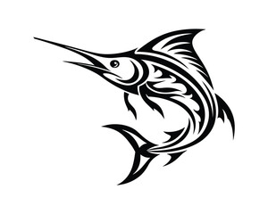 Tribal marlin fish tattoo style illustration black & white vector art on a white background