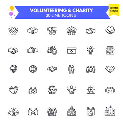 Fototapeta premium Volunteering and charity line icons set for donation and community service editable stroke vector design