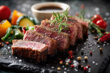 Fototapeta premium Perfect rare steak with vegetables, sauce and spices