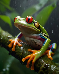 Colorful Red-Eyed Tree Frog on Rainy Leaf in Jungle Closeup