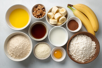 banana bread ingredients with a white background , natural ingredients