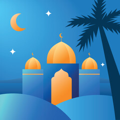 Ramadan Kareem Illustration with Mosque Crescent Moon and Palm Tree  Night Sky Background