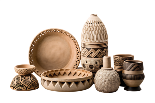 A set of artisanal, handcrafted pottery pieces isolated on white background PNG