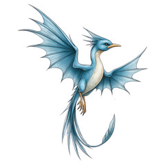 Fototapeta premium A fantasy blue bird creature flies with feathered dragon-like wings gracefully.