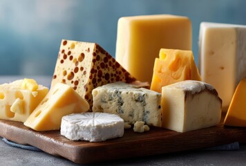 Assorted Selection of Artisanal Cheeses on Wooden Board with Soft and Hard Textures, Displayed with Visual Appeal for Culinary Purposes