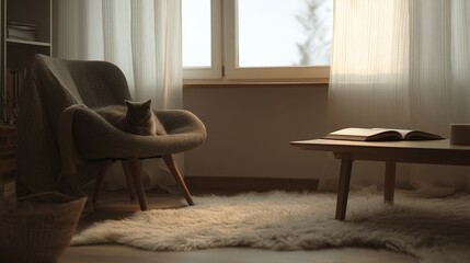 Fototapeta premium Cozy interior with armchair cat window curtains table and soft rug.