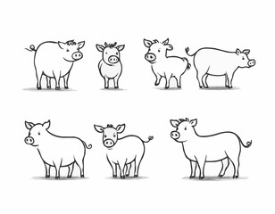 Playful Line Art Set of Farm Animals, Including Pig, Cow, and Chicken, Perfect for Children's Books and Educational Materials.