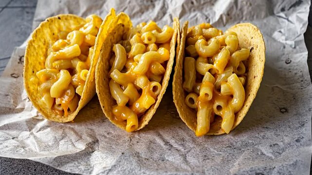 Three mac and cheese tacos on parchment paper