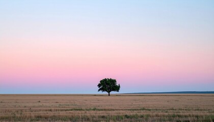 Obraz premium Sunset over a solitary tree in a golden field nature landscape photography tranquil environment wide-angle view serenity concept
