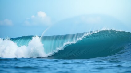 Majestic Ocean Wave Crashing with White Foam, Clear Blue Water, and Bright Sky - Ideal for Surfing and Nature Photography
