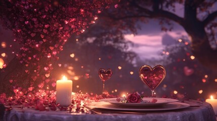 Romantic Valentine's Day dinner setting under a heart-shaped tree.