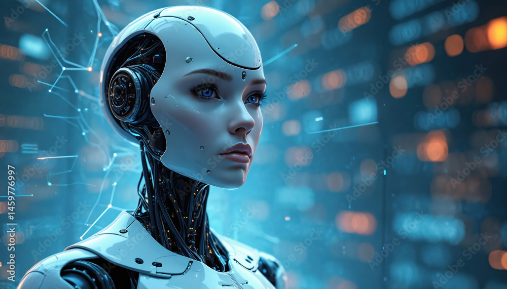 Poster futuristic ai-powered female robot with human face, cybernetic implants. blue eyes, smooth skin, dig