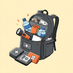 Fototapeta premium Cartoon illustration of a backpack filled with emergency supplies, including water, a flashlight, and first aid kits. Generative AI.