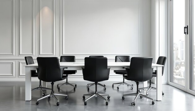 Modern meeting room with white panel walls, large table, black leather chairs. Interior design office, corporate workspace, boardroom or conference hall. Urban modern design, minimalist style.