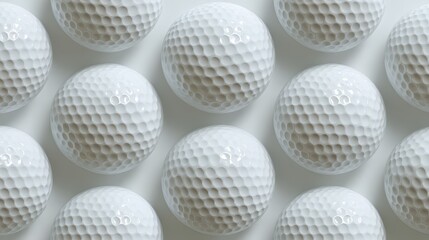 Golf balls neatly arranged in uniform grid pattern, showcasing pristine white surfaces and characteristic dimpled textures against minimalist background