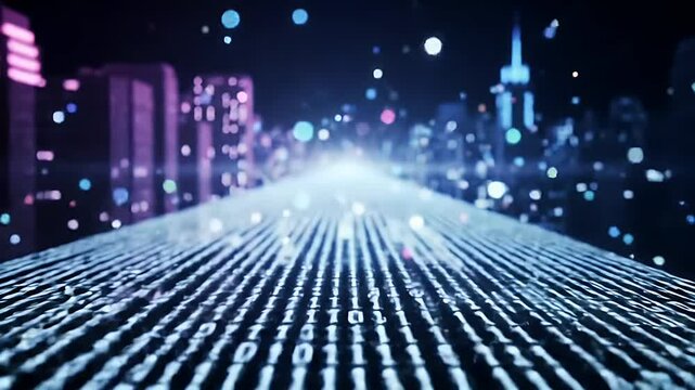 Futuristic city road with binary code