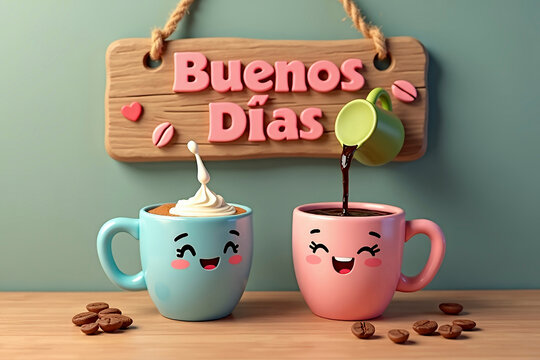una representaci&oacute;n 3d caprichosa y encantadora de una mesa de madera con dos adorables tazas de dibujos animados llenas de caf&eacute;