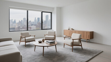 Fototapeta premium Modern Cozy Living Room Design Stylish Space with City Views