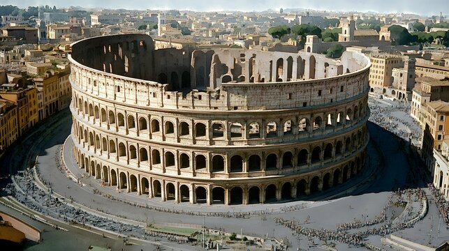 Ancient Roman Colosseum viewed from above, showcasing its architectural grandeur.