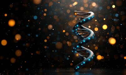 A glowing DNA helix stands against a blurred background of colorful bokeh lights, symbolizing science