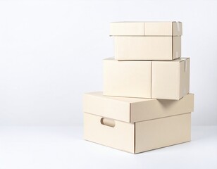 Obraz premium Three cardboard boxes, varying in size, are neatly stacked on top of each other. The boxes are plain brown, showcasing their textured surfaces and flaps.