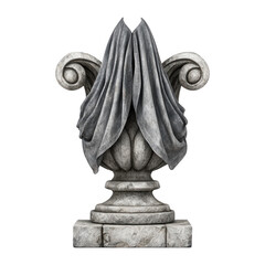 A draped fabric covers a decorative, carved stone urn on a white background.