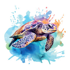 A cute cartoon vector illustration shows a green sea turtle swimming in the blue ocean water, a beautiful marine animal
