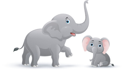 Cartoon of mother and baby elephant on a white background