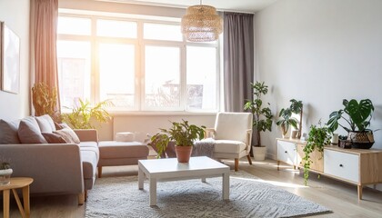 Fototapeta premium Stylish indoor plant arrangement cozy living room interior design bright natural light contemporary view home decor inspiration
