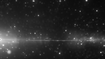 Monochrome glowing light particles scattered in the dark, creating a cosmic and mysterious atmosphere
