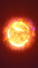 Exploding glowing particles forming a fiery orb, with bursts of orange and violet light in a cosmic environment