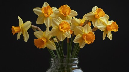 Obraz premium Bright yellow daffodils arranged in a clear glass jar