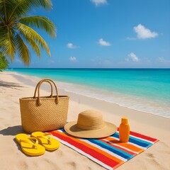 Tropical Beach Sunbathing Essentials &ndash; Summer Holiday Background in Paradise Setting