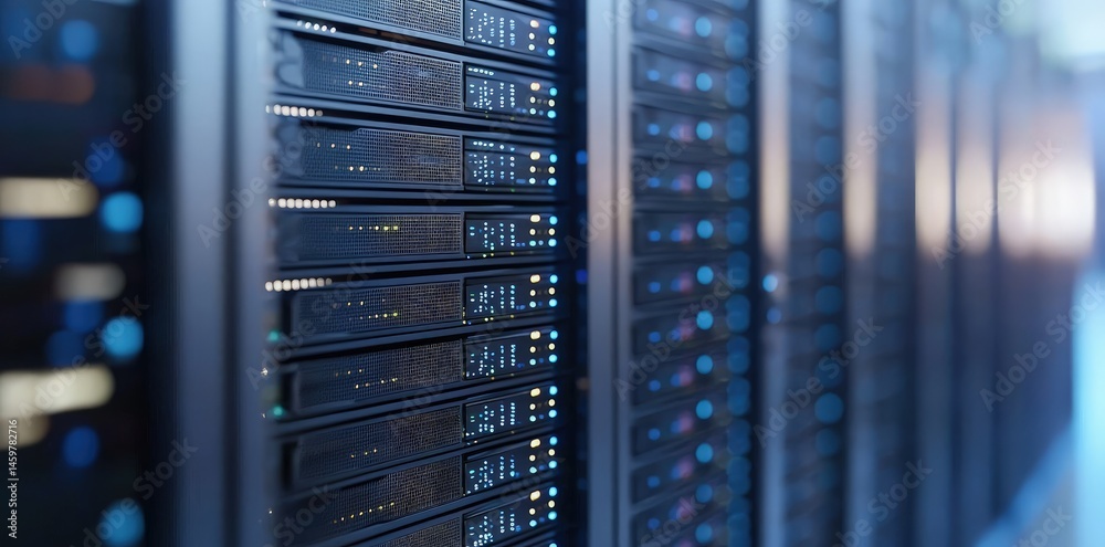 Poster Close up of data center servers with indicator lights, highlighting secure network technology, ideal for IT infrastructure, performance systems, and innovation themes