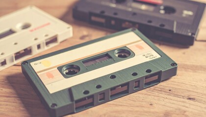 Obraz premium Close-Up of Vintage Cassette Tapes on Wooden Table with Soft Shadows and Faded Colors Creating a Retro Mood