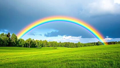 Naklejka premium Breathtaking rainbow display over lush green meadow nature photography scenic landscape vibrant environment wide angle view