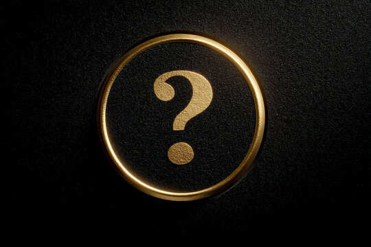 Gold question mark on black textured background, within a golden circle. Represents inquiry, uncertainty, or FAQ concept