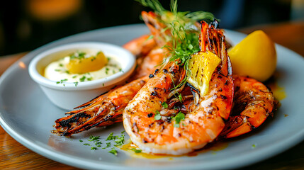 A plate of perfectly grilled shrimp served with a citrus dip