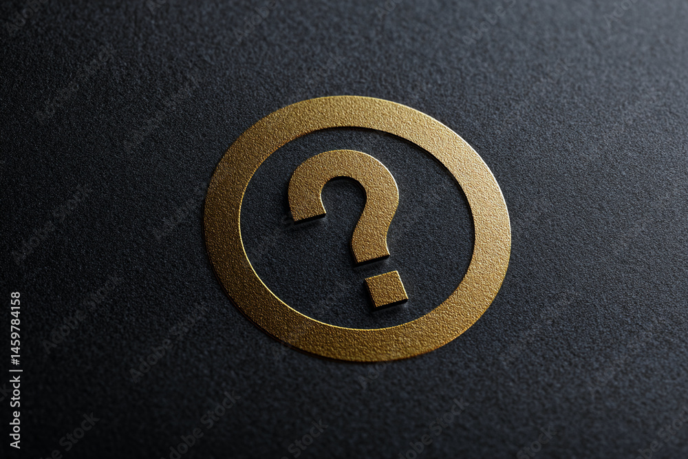 Aufkleber gold question mark in a circle on dark textured background, symbolizing inquiry, uncertainty, or faq