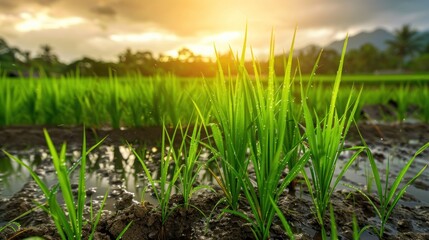 Obraz premium A paddy field with dew on it and the sun shining on morning view landscape