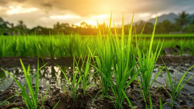 A paddy field with dew on it and the sun shining on morning view landscape