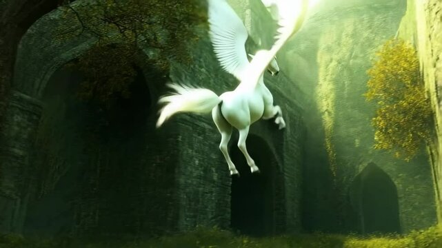 Majestic white pegasus with wings takes off over the ancient overgrown ruins of a castle, a fabulous horse, a fantasy animal