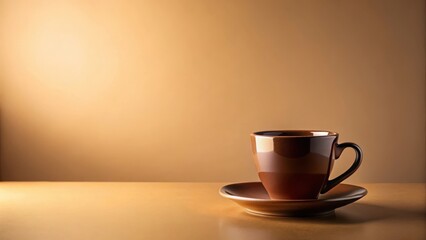 A Single Brown Coffee Cup on a Matching Saucer Sits on a Table Against a Warm Background