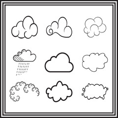 Cartoon Cloud Vector Set – Hand-Drawn Weather Icons with Cute Outlines, Rain Element, and Abstract Shapes – Doodle Style Clipart for Kids, Forecast, Apps, and Design Projects