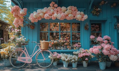Pastel pink bicycle sits outside a flower shop adorned with vibrant blooms