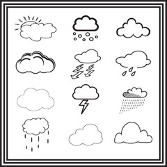 Weather Icon Set – Hand-Drawn Cloud Illustrations with Rain, Snow, Sun, Thunder, Lightning, and Storm Elements – Simple Line Art Symbols for Forecast and Climate Designs