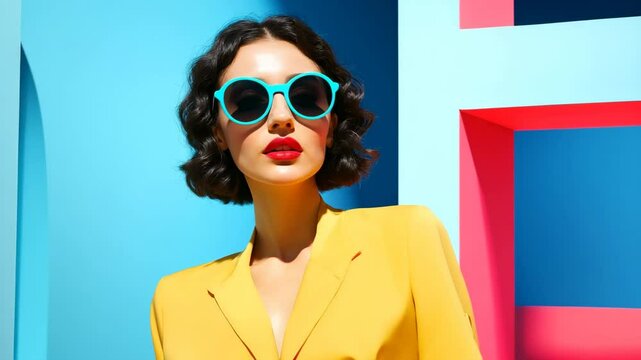 Fashionable woman in a yellow blazer and sunglasses, a bright summer look