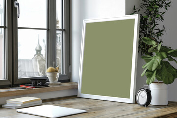 White frame mockup on a desk near window with laptop and clock