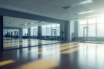 Bright and spacious workout studio with mirrored walls during the day