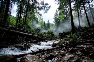 Rushing stream in dense forest with fallen logs, rocks, and mist among tall evergreen trees